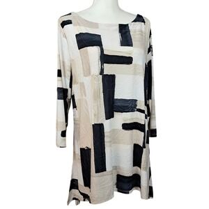 JM‎ COLLECTION L Abstract Brushstroke Tunic Top Black Cream Beige Art to Wear